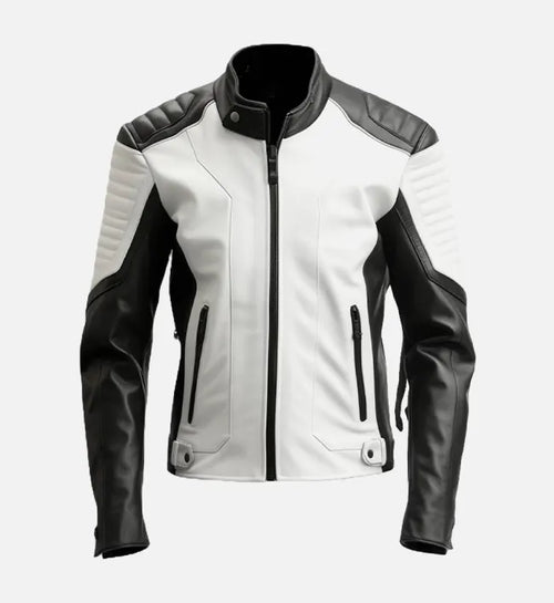mens black white cafe racer leather jacket