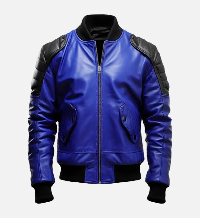 mens blue black bomber leather jacket