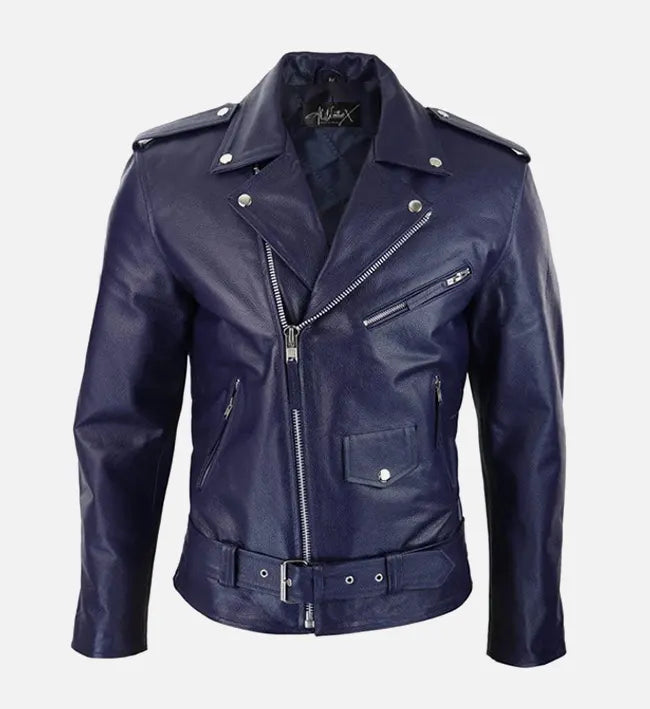 mens blue runway biker leather jacket
