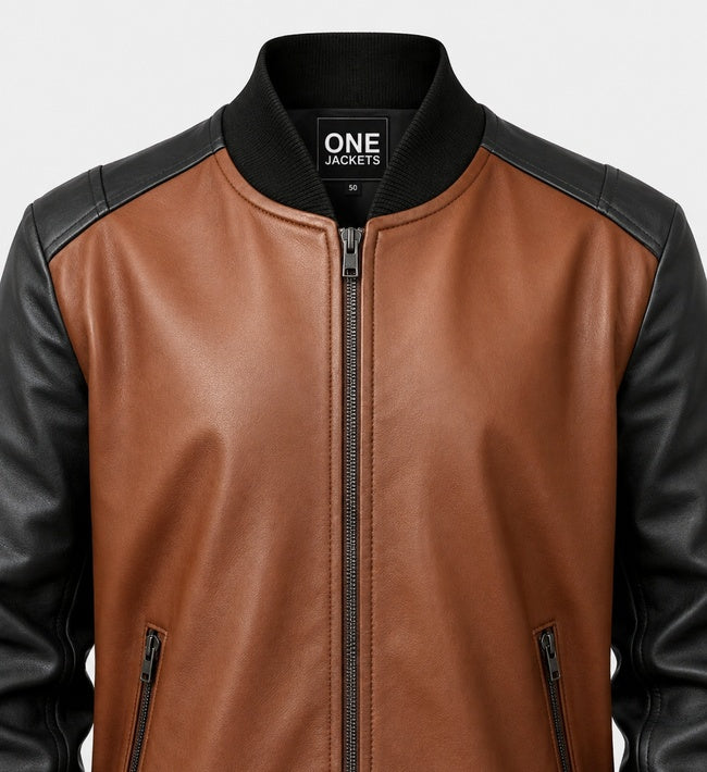 Mens Brown and Black Bomber Leather Jacket