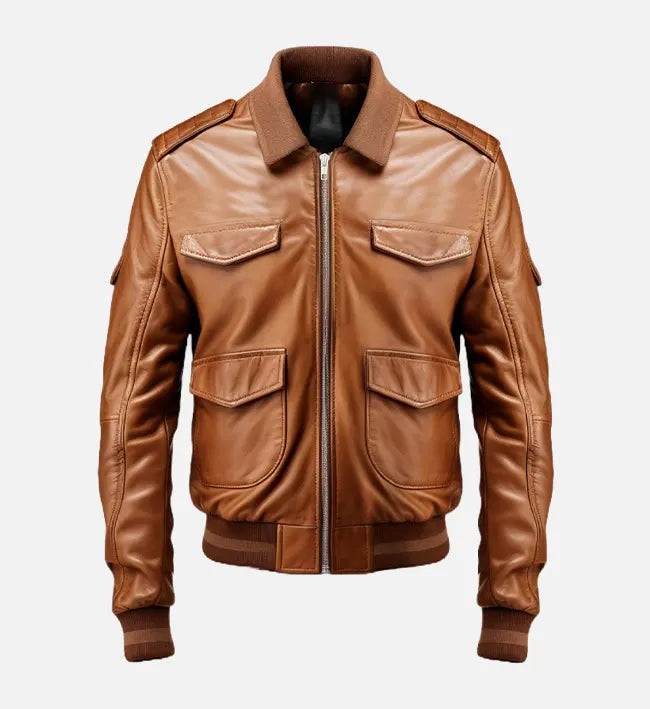mens brown strap pockets bomber leather jacket