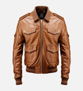 mens brown strap pockets bomber leather jacket