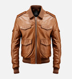 mens brown strap pockets bomber leather jacket