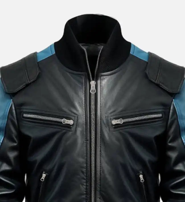 mens bomber jacket black blue leather