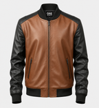 Men's Brown and Black Bomber Leather Jacket
