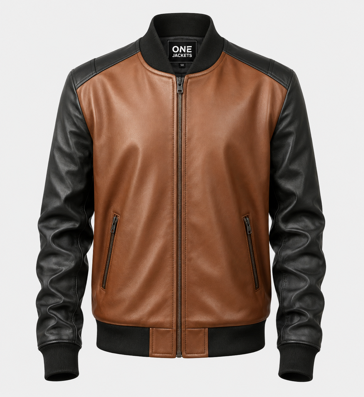 Men's Brown and Black Bomber Leather Jacket