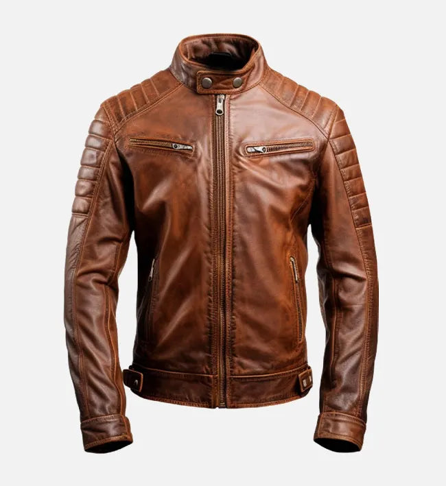 mens brown leather cafe racer jacket