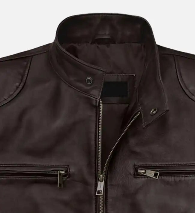 mens brown cafe racer regular fit leather jacket
