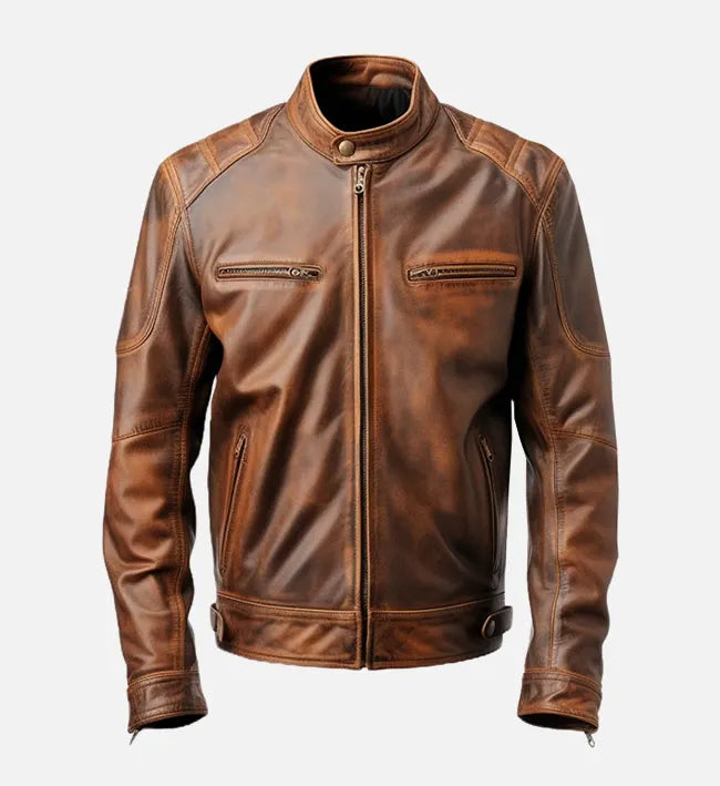 mens brown distressed cafe racer leather jacket