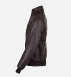 mens brown leather bomber jacket with snap double button collar
