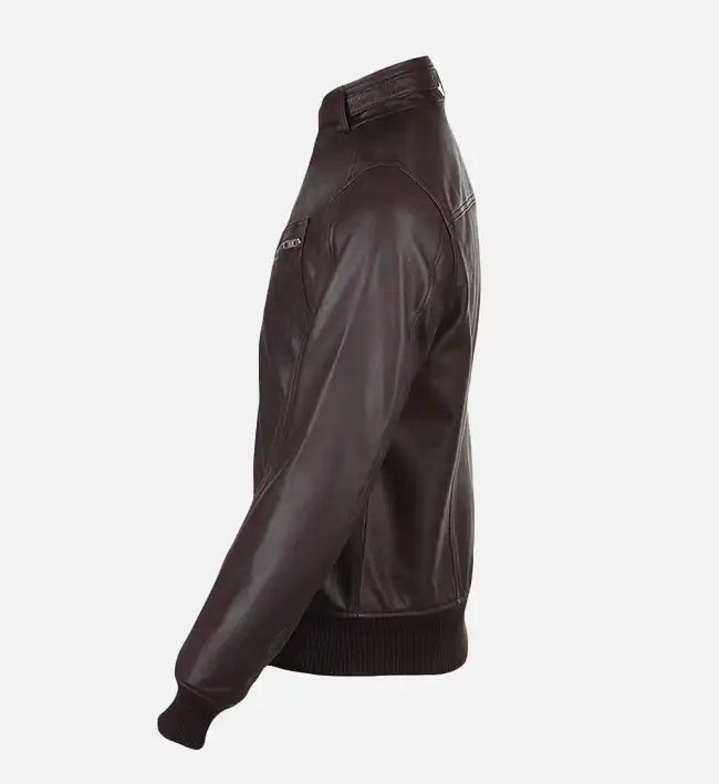 mens brown leather bomber jacket with snap double button collar
