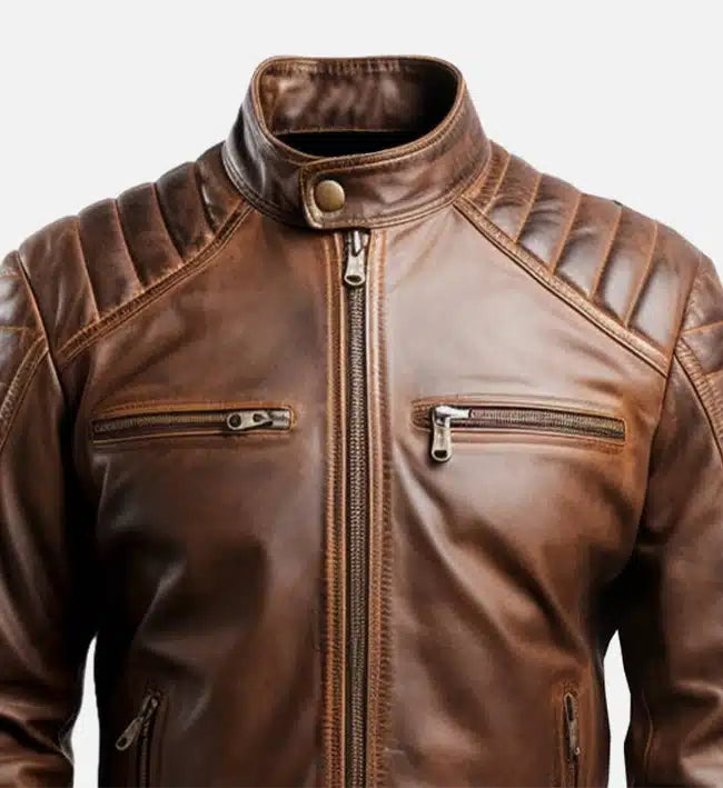 mens brown leo cafe racer leather jacket