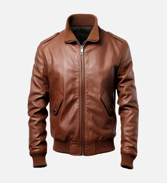 mens brown slim fit bomber leather jacket