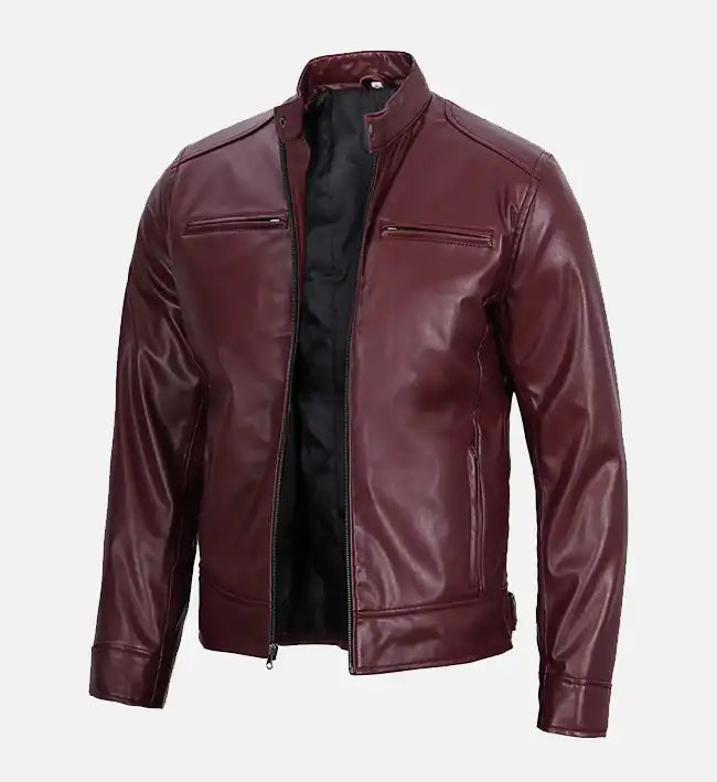 mens cafe jacket maroon vegan leather