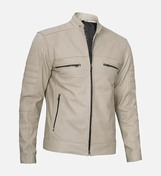 mens cafe racer beige leather jacket