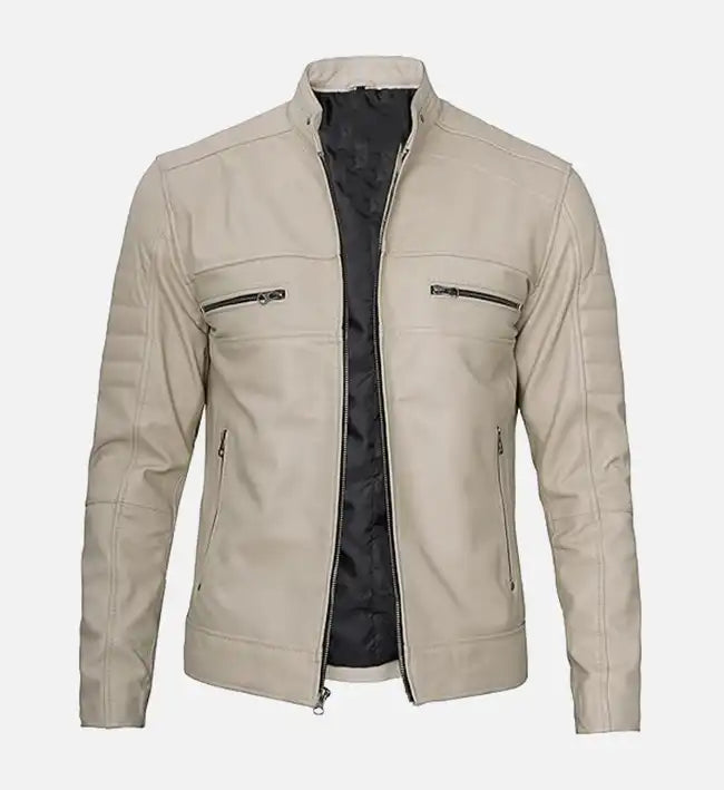 mens cafe racer beige leather jacket