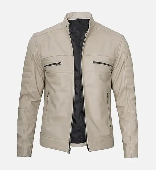 mens cafe racer beige leather jacket