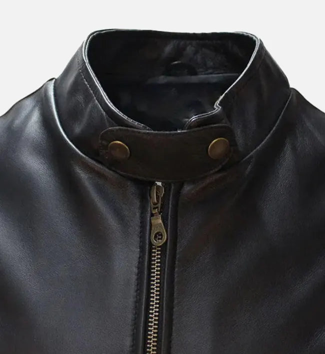 mens cafe racer black and white leather jacket