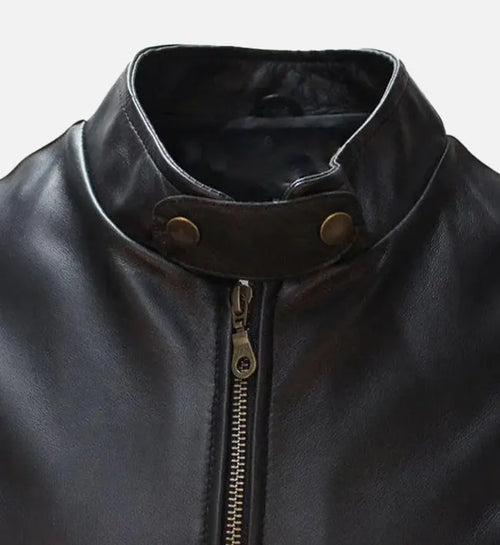 mens cafe racer black and white leather jacket
