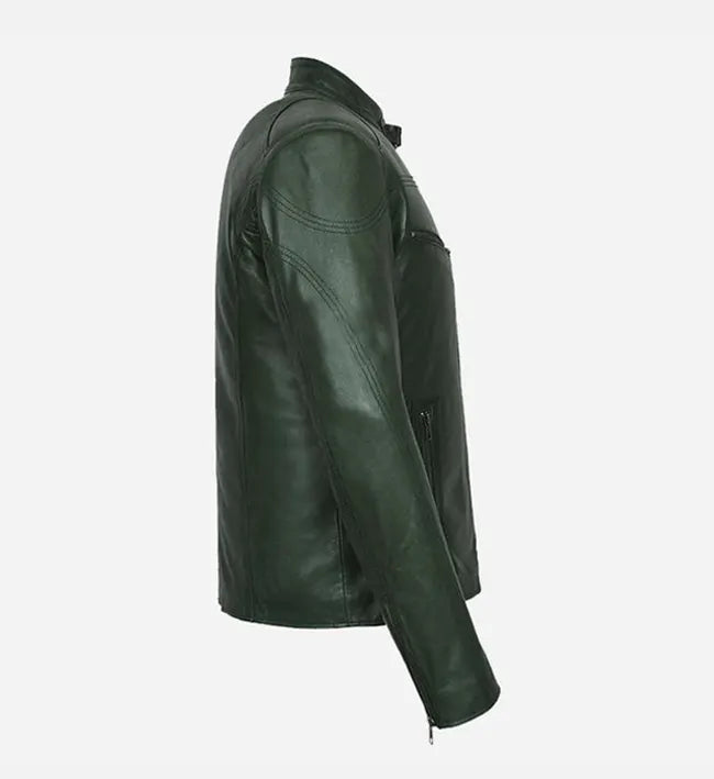 mens cafe racer dark green leather jacket
