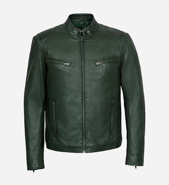 mens cafe racer dark green leather jacket
