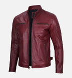 mens cafe racer maroon waxed leather jacket