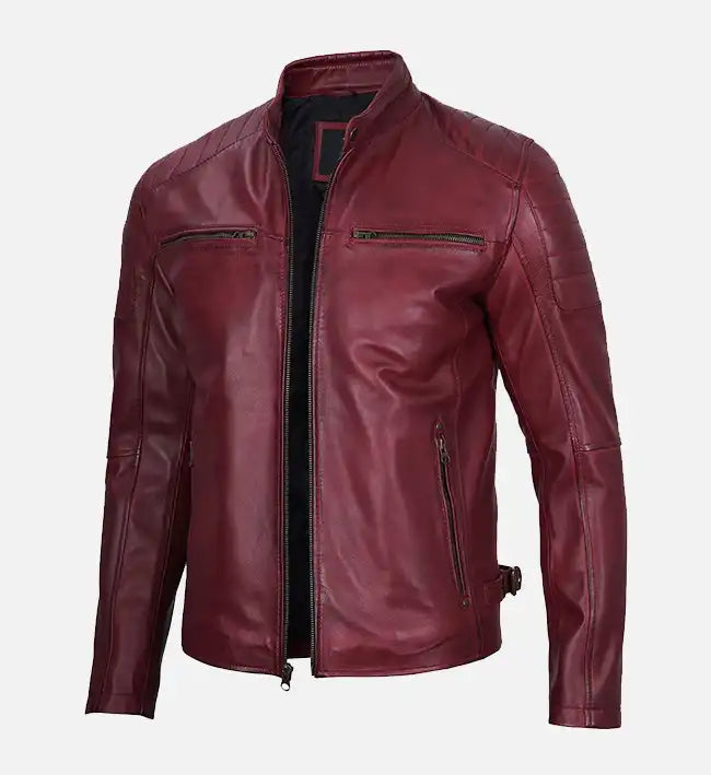 mens cafe racer maroon waxed leather jacket