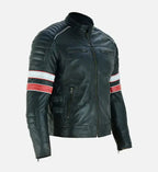 mens cafe racer red and white striped leather jacket