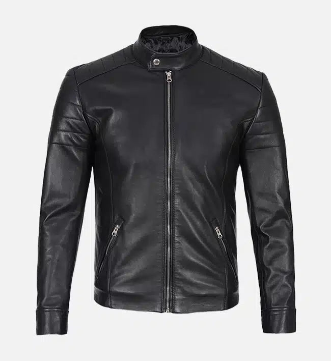 mens classic black leather cafe racer jacket

