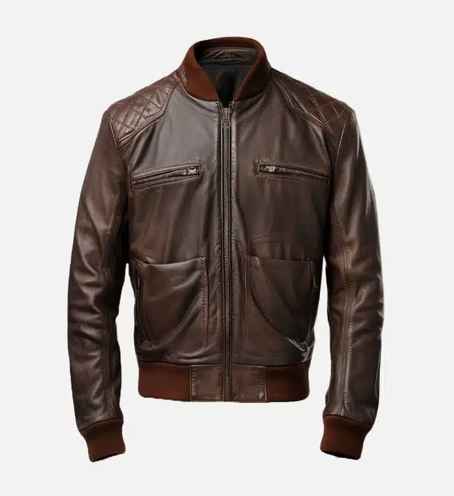 mens coffee brown bomber leather jacket