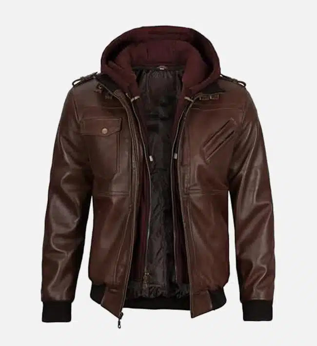 mens dark brown bomber leather jacket with hood