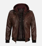 mens dark brown bomber leather jacket with hood
