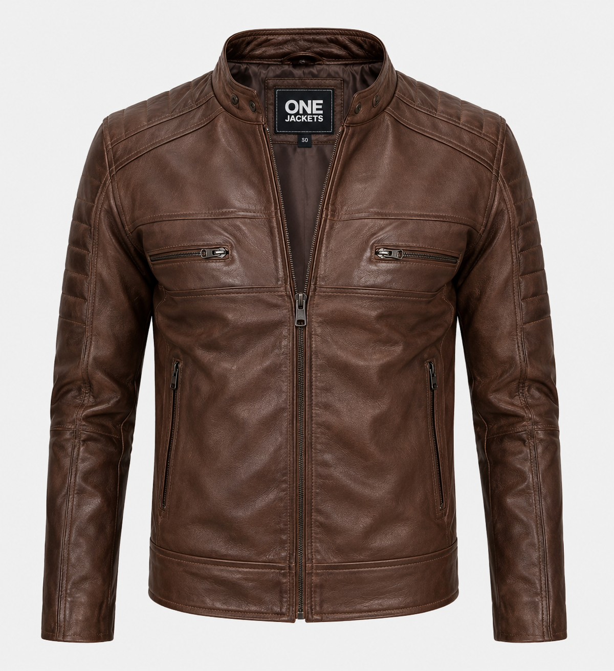 Men's Distressed Coffee Brown Cafe Racer Leather Jacket