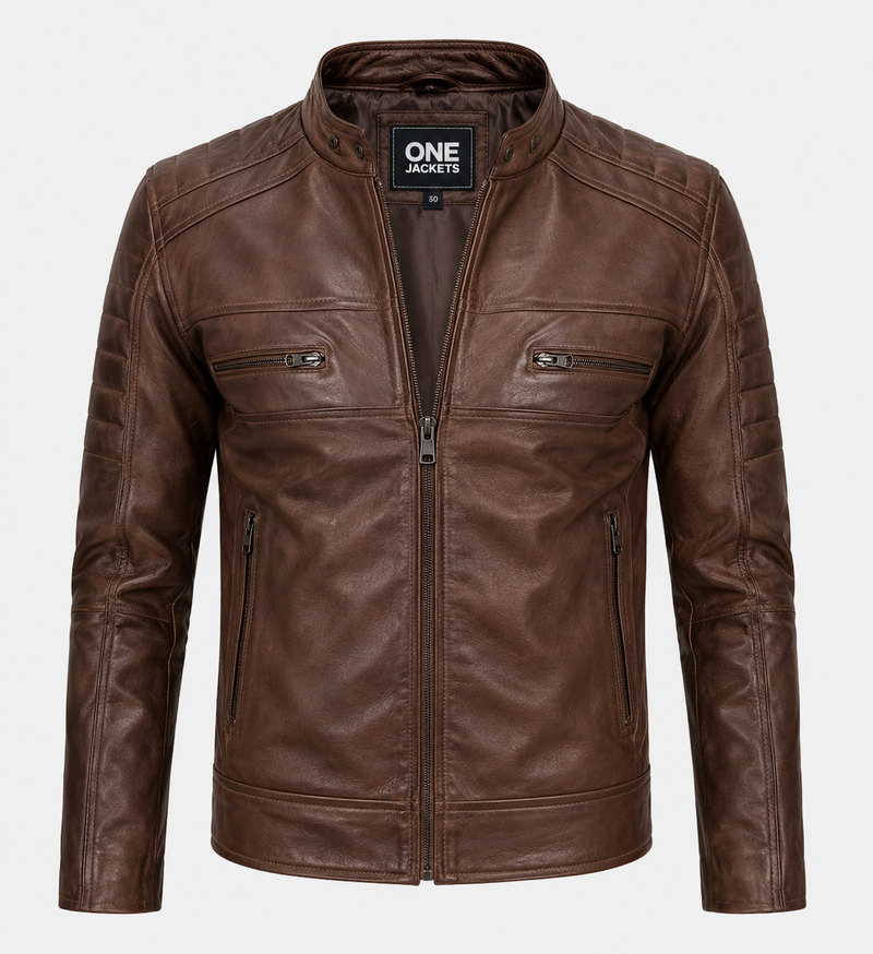 Men's Distressed Coffee Brown Cafe Racer Leather Jacket