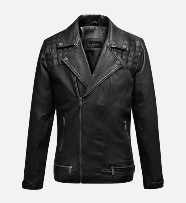mens double breast black biker leather jacket