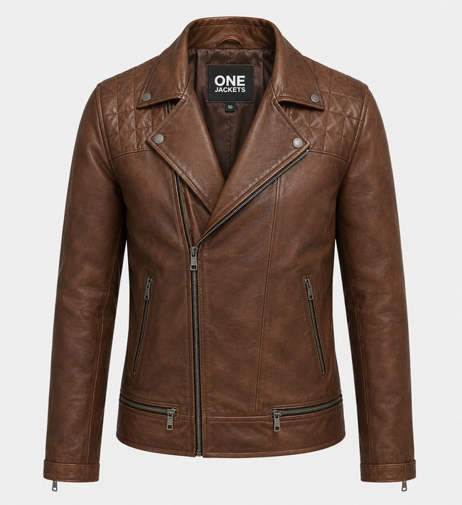 Men's Double Breast Tan Biker Leather Jacket