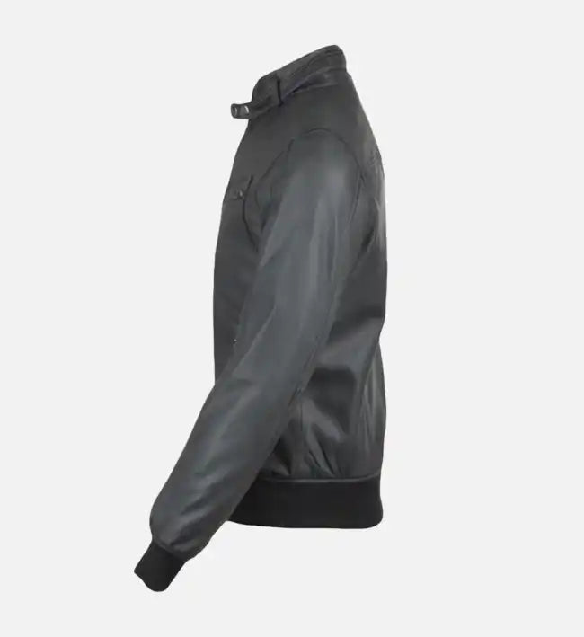 mens grey leather bomber jacket with snap double button collar
