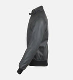 mens grey leather bomber jacket with snap double button collar
