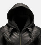 mens hooded black leather jacket