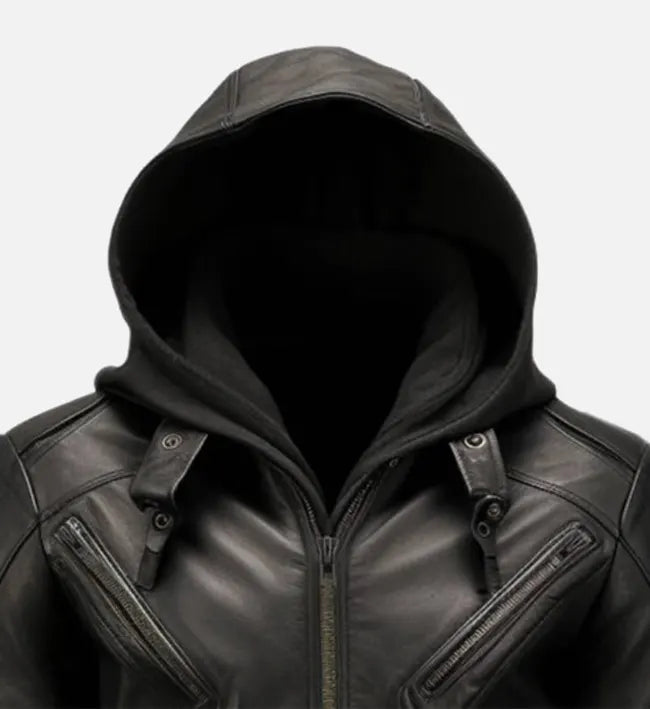 mens hooded black leather jacket