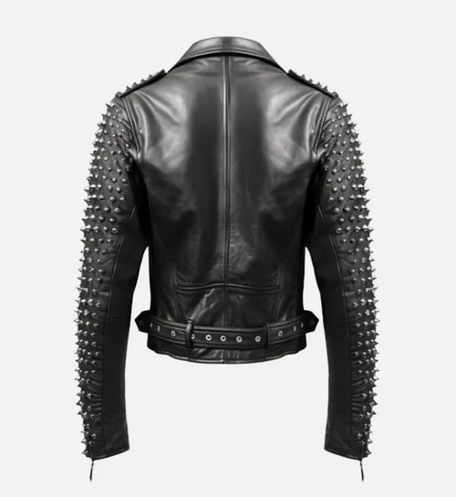 mens leather black studded stylish biker jacket