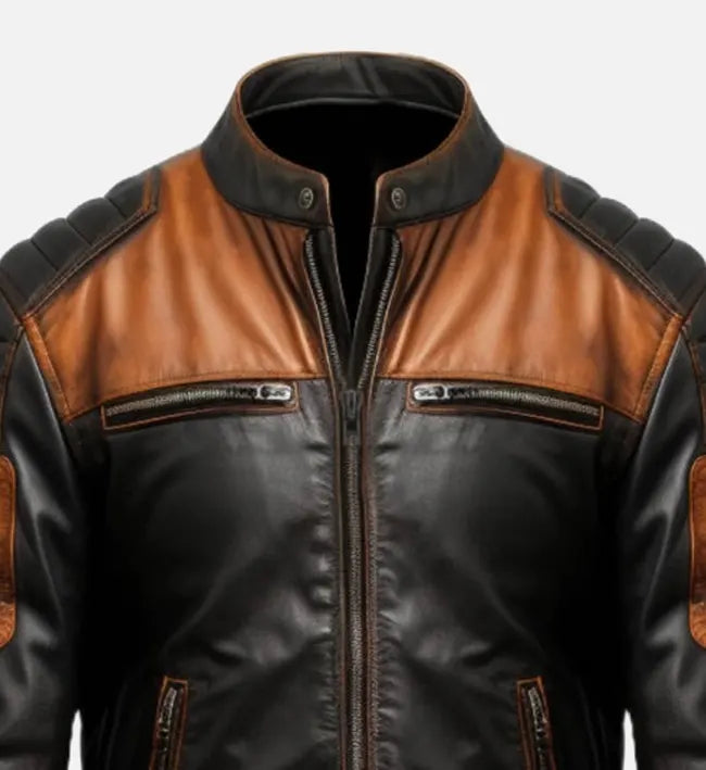 mens leather black tan brown biker jacket