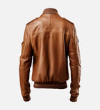 mens leather brown bomber jacket with strap pockets