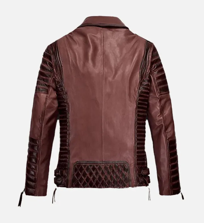 mens leather burnt maroon biker jacket