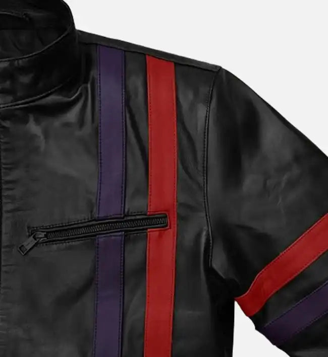 mens leather jacket red striped