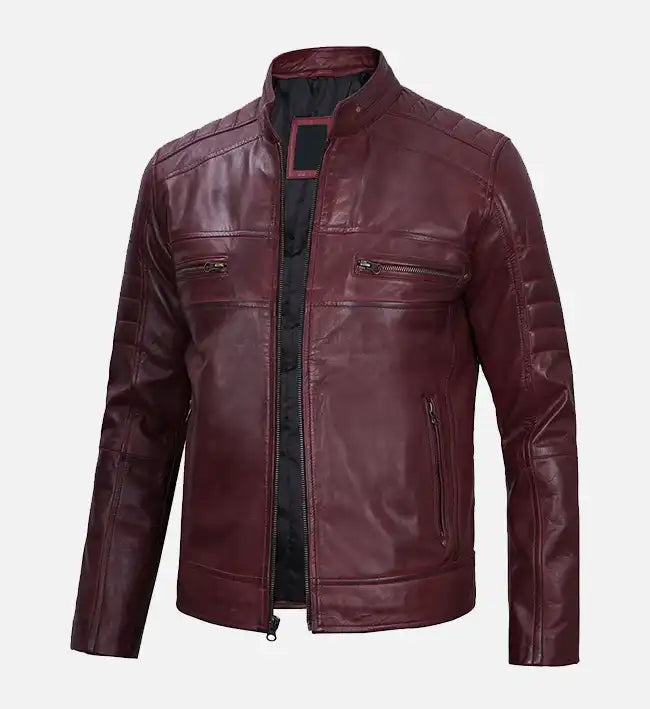 mens leather maroon cafe racer jacket