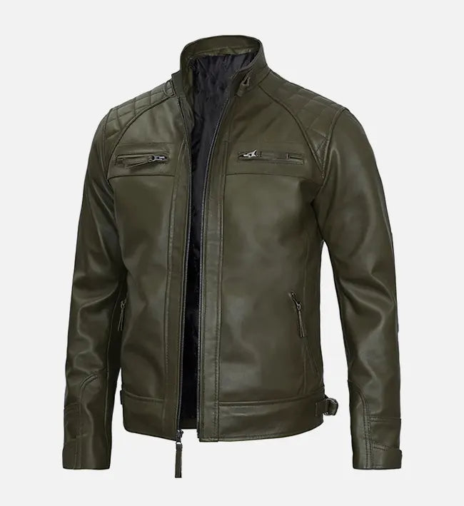 mens leather olive green cafe racer jacket