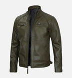 mens leather olive green cafe racer jacket