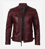 mens maroon real leather biker jacket