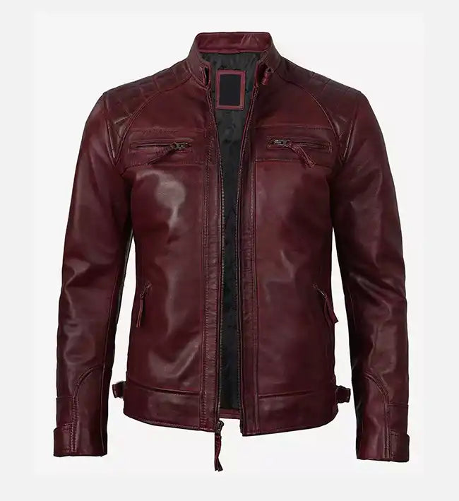 mens maroon real leather biker jacket